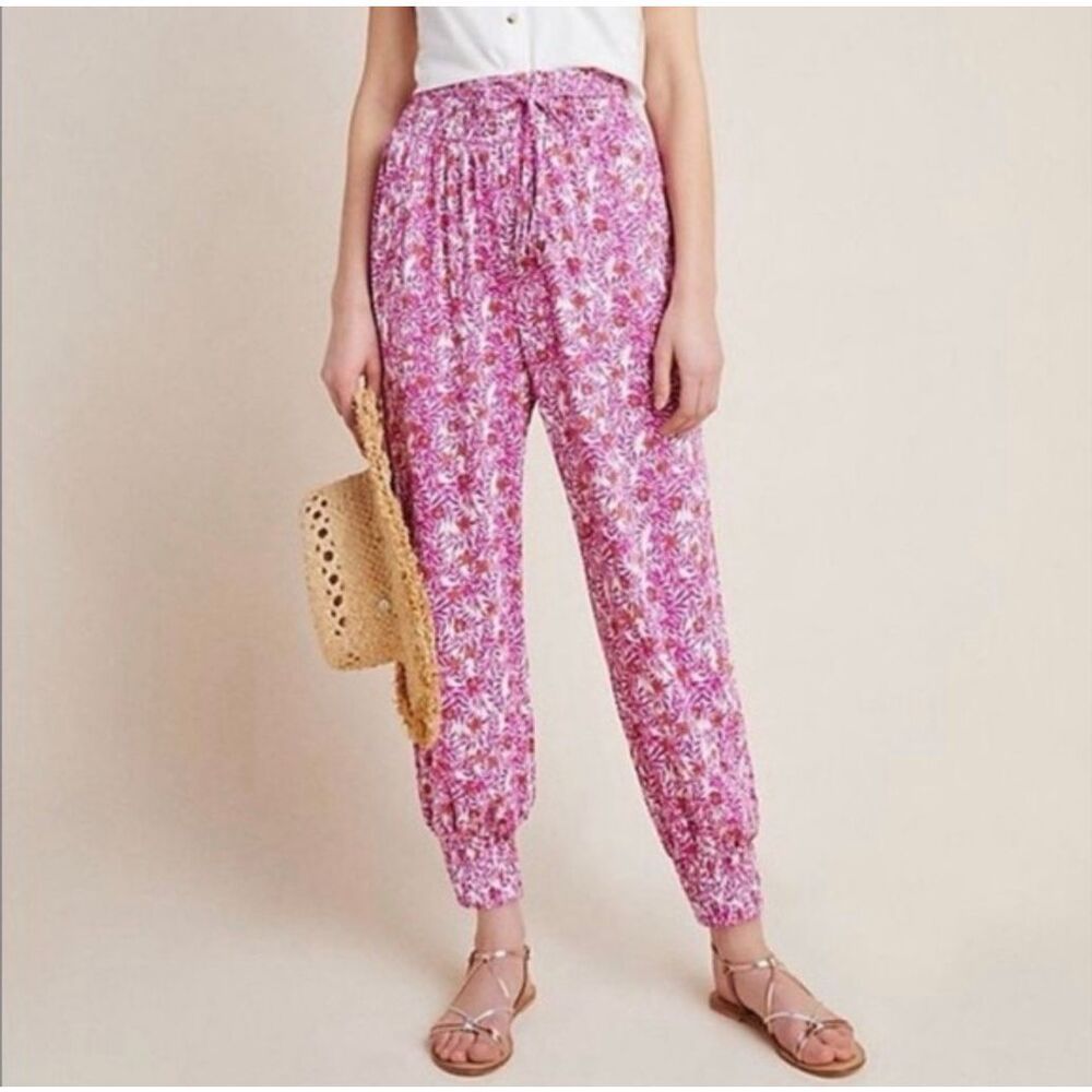 Anthropologie brand pink abstract floral print smocked jogger pants size XS